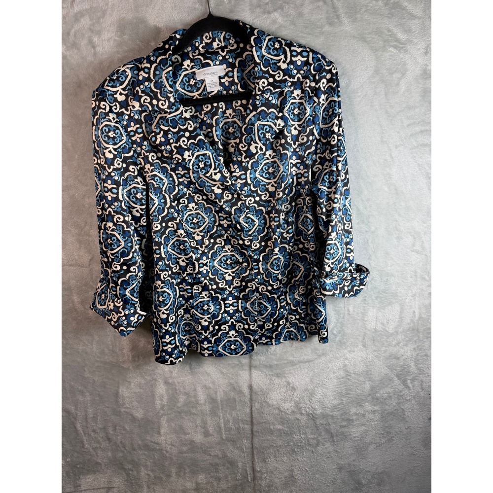 DRESSBARN Womens 1X Blue Black Floral Medallion Poly Spandex USA BLAZER